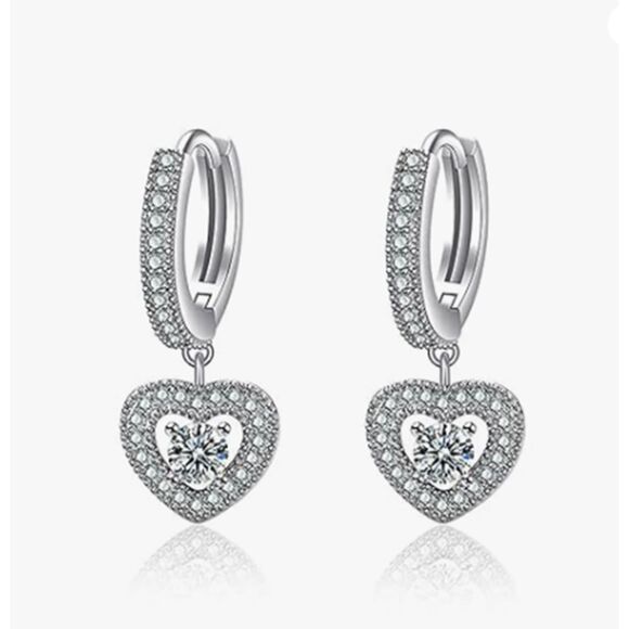 Sterling Silver CZ Heart Dangle Hoop Earrings - Picture 5 of 6